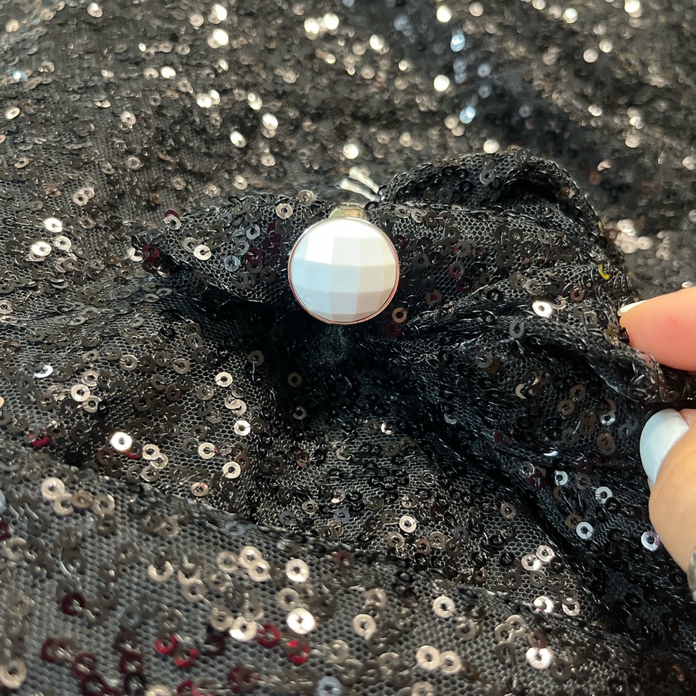 Black Sequin Fabric with White Button